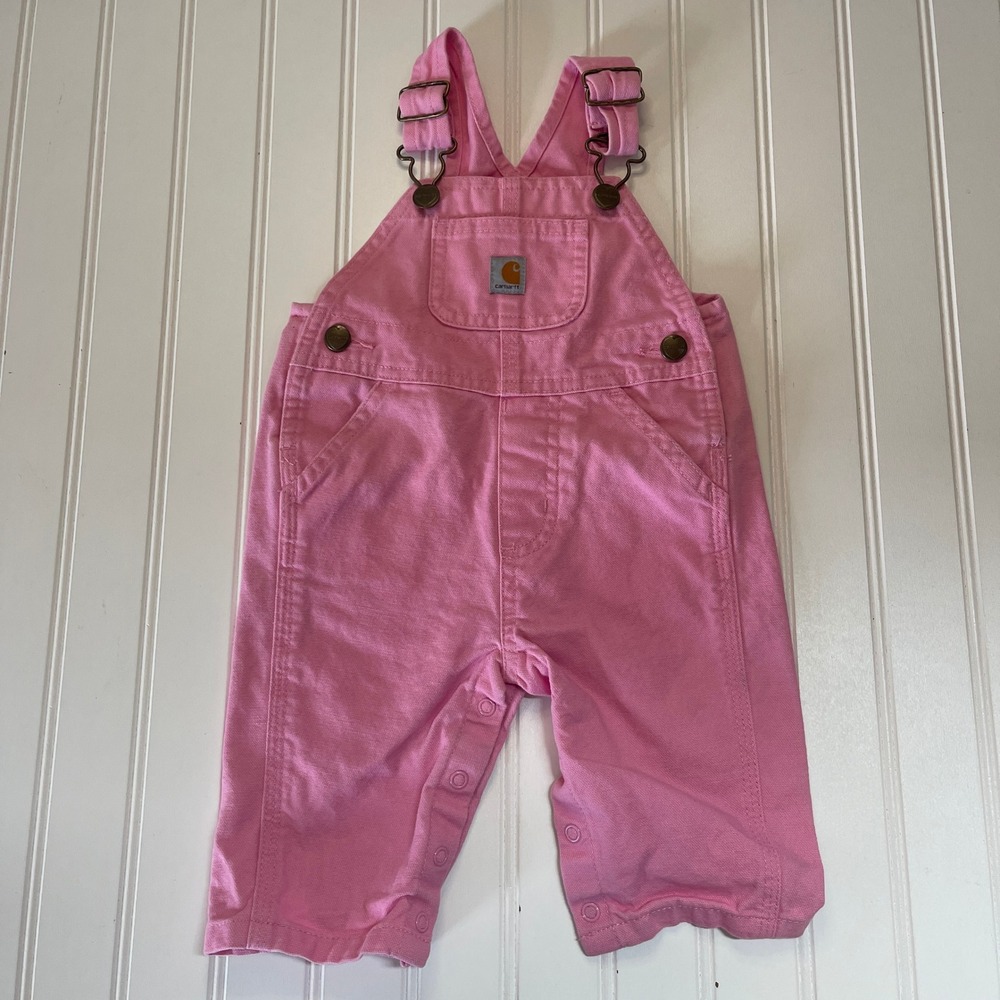 Carhartt Baby Girls‎ Pink Canvas Bib Overalls Heart Hardware 3 Months